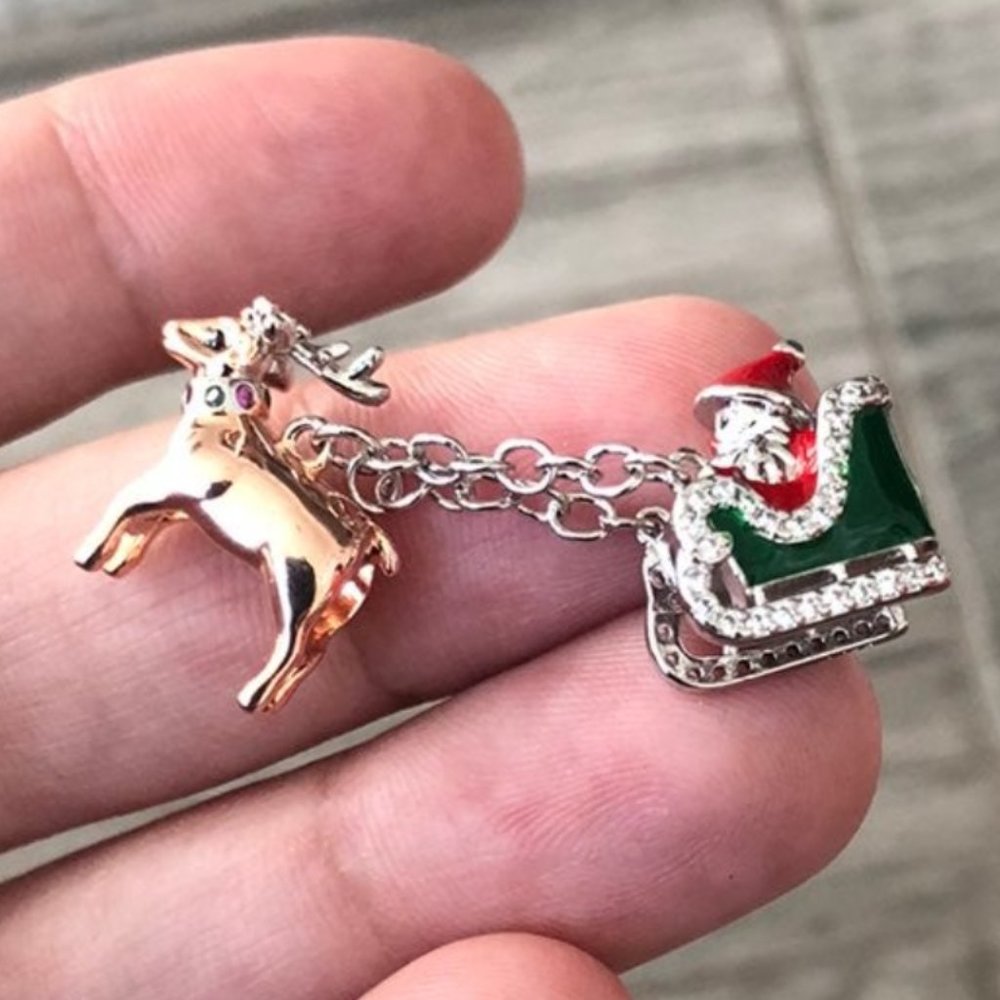 Santa Claus Riding in Sleigh and Reindeer Chain Charm
